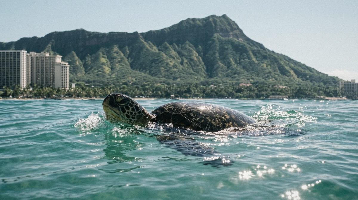 Calm glassy morning water off Waikiki, the best time to swim with turtles in Oahu before the trade winds build