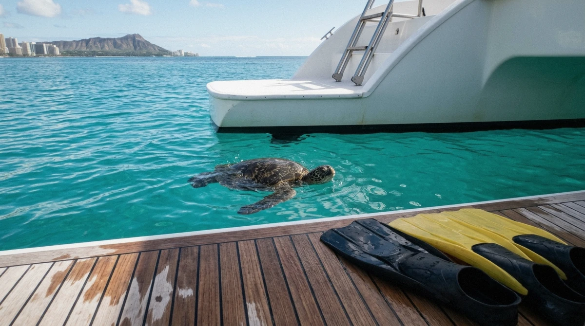 Snorkeler checking a ticket and gear bag before a trip to swim with turtles in Oahu off Waikiki