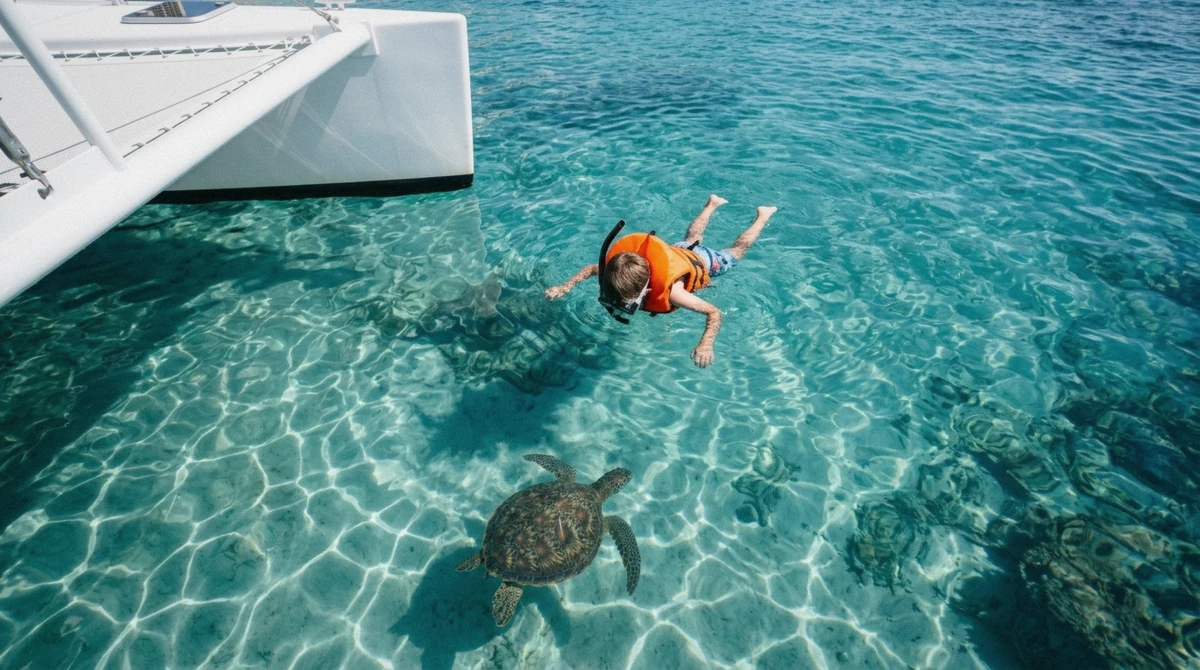 A child in a life vest snorkeling near a Hawaiian green sea turtle during family turtle snorkeling in Oahu with kids off Waikiki
