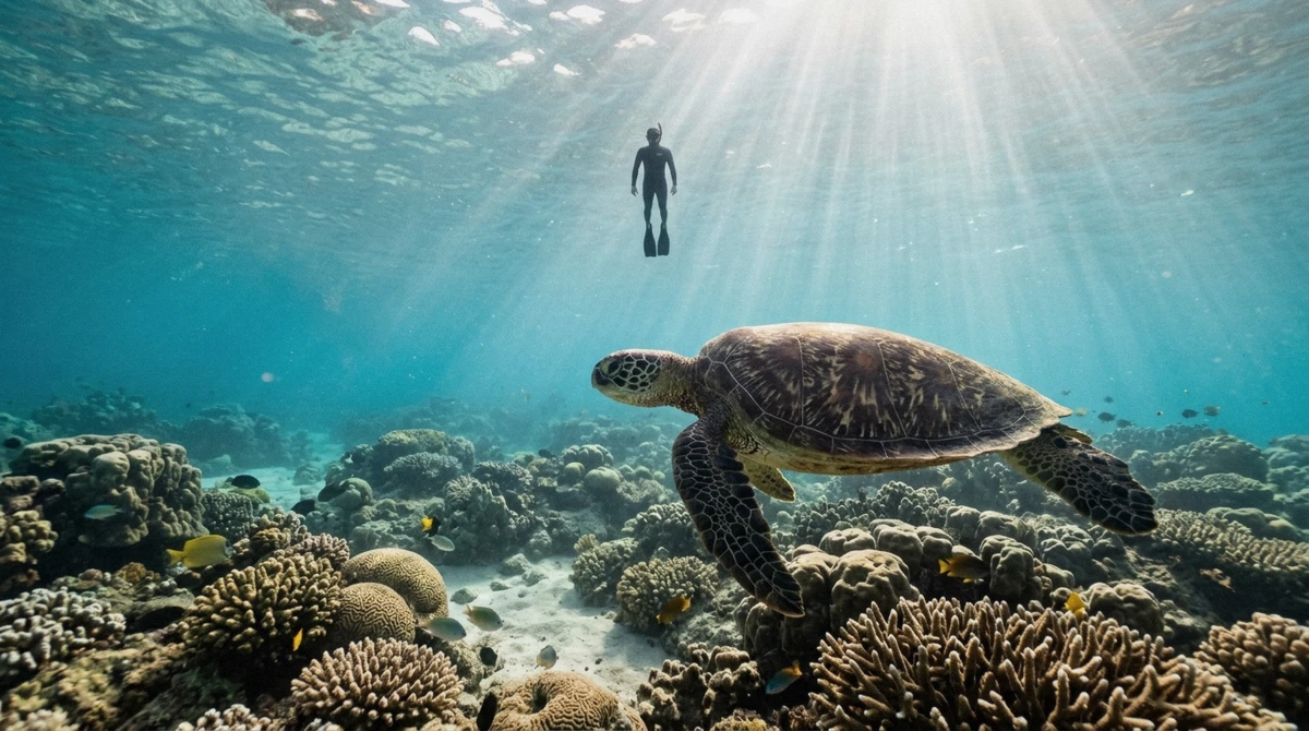 Snorkelers keeping a respectful distance from a Hawaiian green sea turtle while following Hawaii sea turtle rules off Waikiki, Oahu